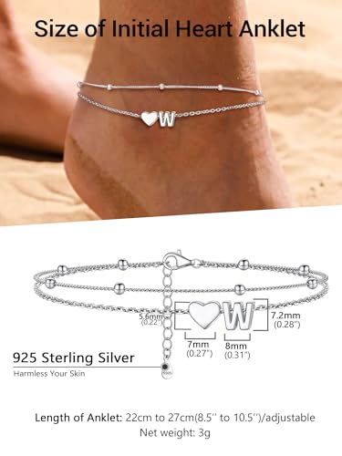 Image of PROSILVER Ankle Bracelets for Women S925 Sterling Silver Anklets for Women Waterproof, Dainty Layered Heart Anklet, Beach Initial Anklet for Summer, Letter A-Z