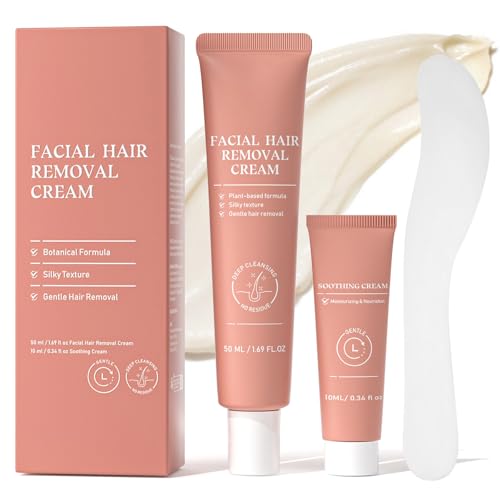 Facial Hair Removal Cream for Women, 2-in-1 Gentle Facial Hair Remover Creams with Soothing Cream, Sensitive Skin Depilatory Creams for Face Chin Upper Lip, for Smooth Soft Skin, Daily Care,2.03 Fl Oz