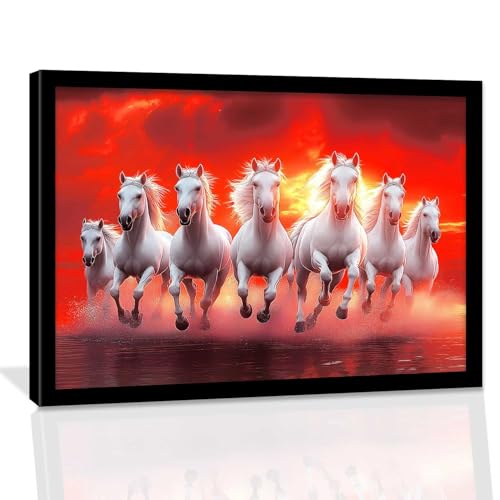 Image of HOTHOUSE 7 Horses Vastu Frame Wall Art Painting for Living Room Bedroom Office Home Decor | Seven Running Vastu Lucky Horse Rising Sun Painting Wall Decor Size (13X17 inch)