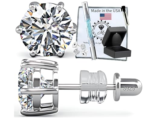 CMD Moissanite Stud Earrings, No Poke Screw Back, 4 or 6 Prong 18K White Gold-Filled Vermeil, Lab Grown 1ct 2ct, D Color VVS1 Brilliant Round Cut, Hypoallergenic, GRA Certified & Engraved, Gift Ready