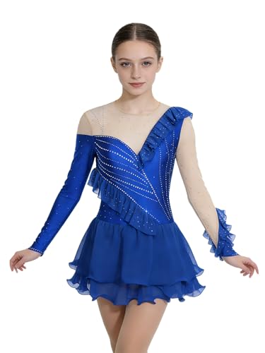 Robe patinage artistique strassée haut de gamme avec ruching graduel et manches longues