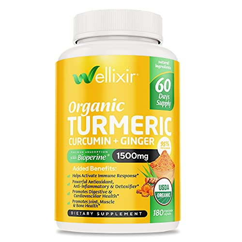 Wellixir Organic Turmeric Supplement â€“ Curcumin with Bioperine Capsules with Ginger Root Extract, Curcumin and Turmeric for Joint Health â€“ 95% Curcuminoids Formula - 180 Capsules