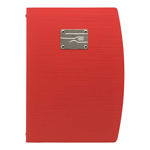 SECURIT - Portamenús Rio Line - 1 Inserto Fijo Doble Cara = 4 Páginas A4 - Posibilidad de Añadir Insertos - Placa de Acero con Etiqueta de Cubiertos - Café, Bar, Restaurante - Color Rojo