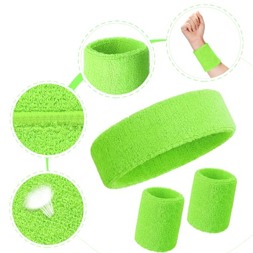 Image of Bememo 6 Pcs Neon Sports Sweatbands Set Sports Competitions Sweatbands 2 Headband 4 Wristbands Breathable Terry Cloth Athletic Bands for Team Soccer Spirit 80s Costumes Cosplay