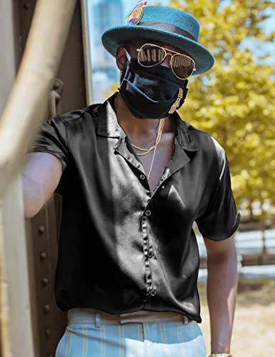 URRU Men's Luxury Shiny Silk Like Satin Dress Shirt Cuban Collar Short Sleeve Casual Slim Fit Muscle Button Up Shirts3