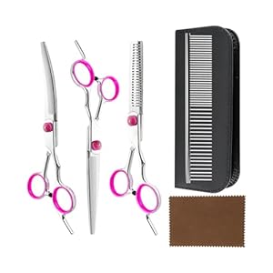 6PCS Dog Grooming Kit, Dog Hair Cutting Scissors, Scissors, Professional Dog Grooming Shears Set, Thinning, Straight, And Curved Shears, Grooming Comb, Cleaning Cloth