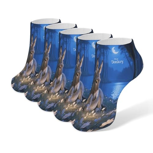 VstaDank Moon Donkey Lying Down Ankle Socks 5 Pairs Fashion Invisible Low Cut Sock for Adult Casual Short Sock Soft Cozy No Show Socks