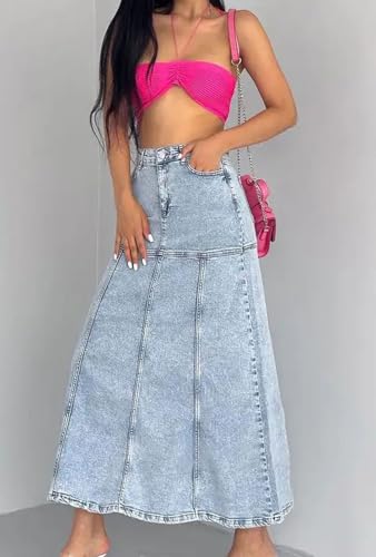loveimgs Women Vintage Long Denim Skirt A Line Maxi Jean Skirt Y2k Patchwork High Waist Flare Skirt with Pocket2