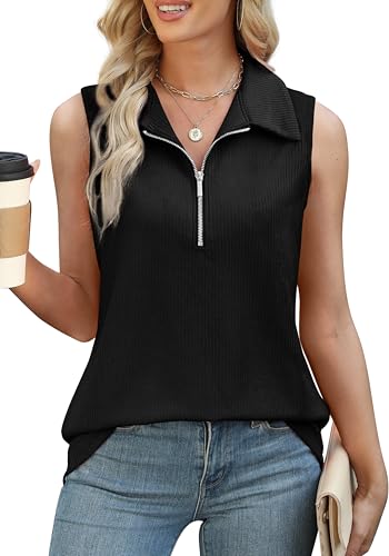 XIEERDUO Womens Summer Tops V Neck Collared Shirts Dressy Casual Ribbed Tank Top with Zipper Loose Fit2