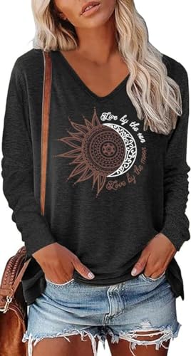 Teesho Damen Tshirt Langarm V Ausschnitt Oberteile Basic Shirts Casual Longshirt Drucken Pullover Herbst Tops Tunika（Schwarz/XL