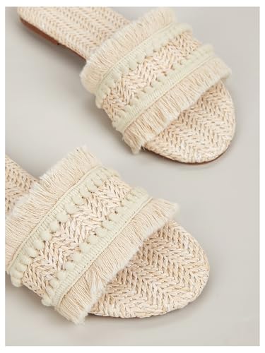 OYOANGLE Women's Fringe Straw Sandals Crochet Open Toe Single Band Flat Slip On Sandals3