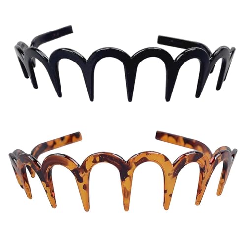 Tastetreasure Confezione da 2 Cerchietti Zig Zag per Donne, Cerchietto Antiscivolo in Plastica con Denti, Nero & Tartaruga, Cerchietto per Capelli Stile Retro Anni 90 per Ragazze