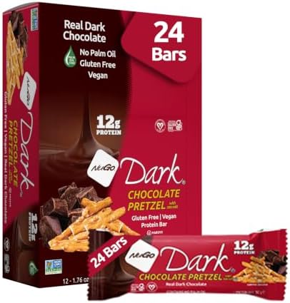 NuGo Dark Chocolate Pretzel with Sea Salt, 12g Protein Bar, Vegan, Gluten Free, Non-GMO, Kosher Pareve, 24 Count