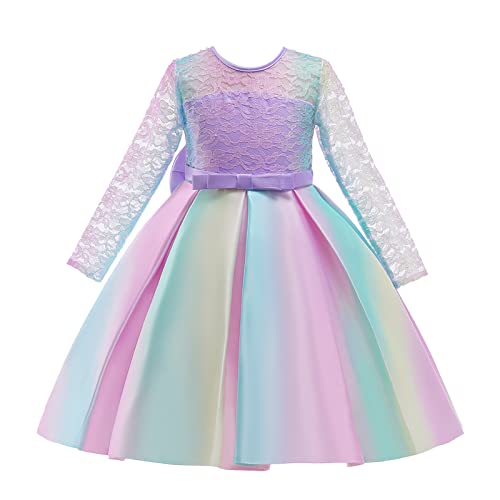 Vestido infantil multicolorido com laço para festa de aniversário para meninas, fantasia de arco-íri
