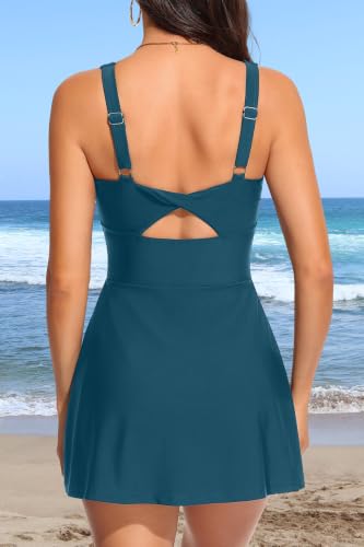 Image of One Piece Swimdress Tummy Control Swimsuit Modest Bathing Suit with Shorts