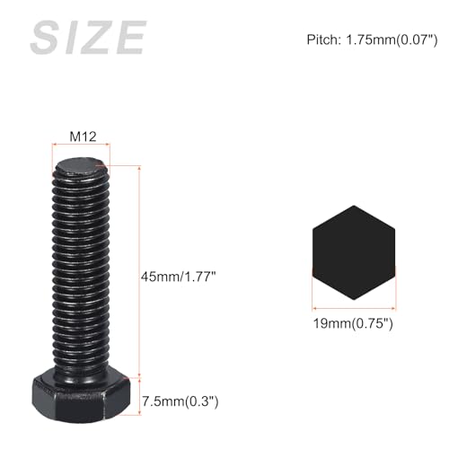 Image of METALLIXITY Hex Bolts (M12-1.75x45mm) 5Pcs, 8.8 Grade Carbon Steel Fully Threaded Black Oxide, Coarse Thread UNC Hex Head Screw Bolt - for Furniture Repair