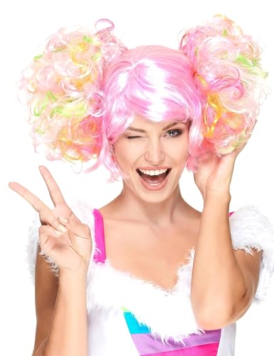 DEGUISE TOI - Perruque rose clair à couettes bouclées femme - Perruque avec couettes - Taille...