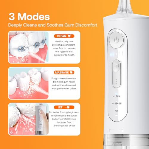 Bitvae Water Dental Flosser for Teeth, Rechargeable Water Teeth Cleaner Picks, 3 Modes 5 Intensities, IPX7 Waterproof, Oral Irrigator USB Cordless Water Dental Picks for Cleaning - Frost White