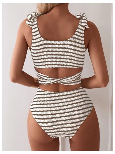 SOLY HUX Women's Striped Tankini Sets Tie Shoulder High Waisted Swimsuits Two Piece Bathing Suit2