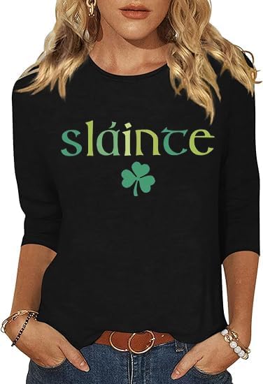 3/4 Sleeve Shirts for Women St Patrick's Day Shamrock Clover Graphic Shirts Lucky Irish Festival Party Tops