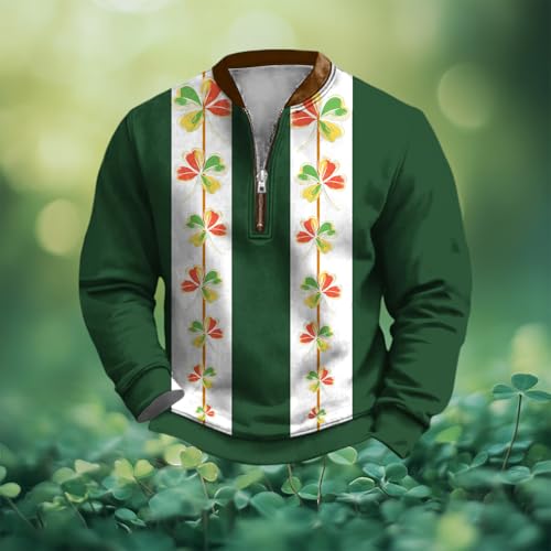 HOTYD St Patricks Day Sweatshirt Men Quarter Zip Pullover Shamrock Clover Print Sweatshirt Casual Long Sleeve Polo Tops2