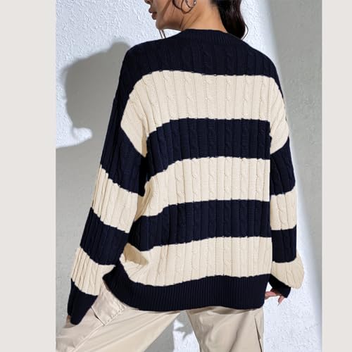 Image of Women Y2K Striped Sweater 90s Vintage Aesthetic Long Sleeve V-Neck Knit Pullover Jumper Loose Fall Sweatshirt