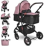 Lorelli Kinderwagen Alba 2 in 1 mit Liegeposition, Kombikinderwagen, Baby Buggy klein zusammenklappbar,Liegebuggy umwandelbar in Sportsitz bis 15kg, Reisebuggy, große Gummireifen, Federung, rosa