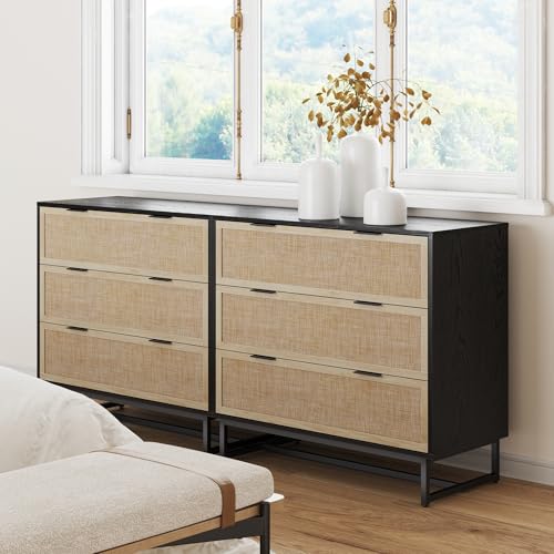Image of Nathan James Kova Boho Dresser or Storage Cabinet with Drawers for Bedroom or Nursery with Textilene Rattan Accent and Metal Legs, Black Oak, Set of 2