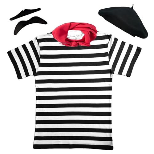Paper Umbrella Disfraz de hombre francés de 4 piezas, camiseta + cuello + boina + Tash (hombre: 38/40)