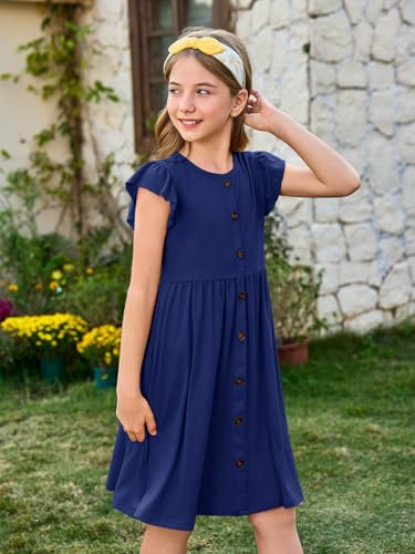 Haloumoning Girls Dress Kids Flutter Sleeve A-Line Button Down Sundress Casual Midi Dresses 5-14 Years4