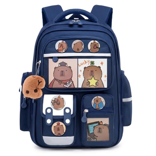 Cartable Capybara bleu royal pour enfants : sac à dos scolaire imperméable avec accessoires mignons
