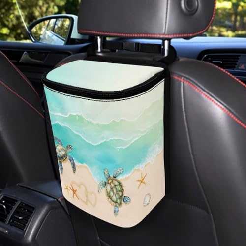 Image of Talayituse Turtle Starfish Seashell Heart Beach Print Car Trash Bin, Large Size Auto Trash Can Adjustable Portable Garbage Can with Lid, Vehicle Hanging Bag for Headrest Front Back Seat