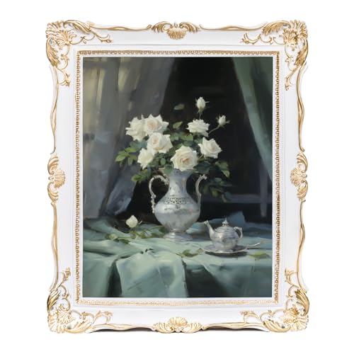 Image of Saysmile Vintage 11x14 Picture Frame White, Textured Antique Picture Frames with Embossed Flower Design, Ornate Frame for 11x14 Photo, Resin Antique Frames Tabletop & Wall Hanging, Home Decor