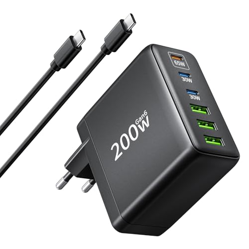 FNITAER 200W USB C Ladegerät 6 Port Schnellladegerät mit 3 USBC und 3 USBA GaN Mehrfach Netzteil PD Charger für MacBook iPad Pro/Air iPhone 17/16 Series Samsung usw.