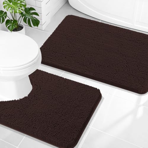 Image of OLANLY Bathroom Rugs Sets 2 Piece, Soft Absorbent Chenille Bath Mats and U-Shaped Contour Toilet Mat Area Rug Set, Machine Washable Bath Carpet, Home Decor Accessories(30 inchx20 inch+24 inchx20 inch, Brown)