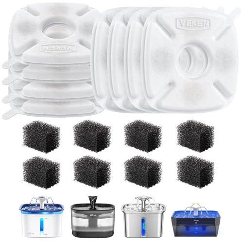 Veken Cat Water Fountain Filter Classic 8 Pack Replacement Filters & 8 Pack Replacement Pre-Filter Sponges for 50oz 84oz 95oz or 108oz Automatic Pet Fountain Dog Water Dispenser