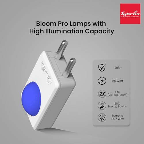 Image of FYBROS Bloom Pro LED Night Lamp | 0.5W | Blue Light | Indirect Lighting | 2-Pin Plug | Energy Efficient | Low Power Consumption | Ideal for Bedroom, Kids Room, Hallway | Pack of 1