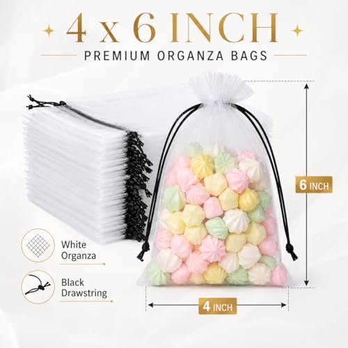 Image of Hopttreely White Organza Bags with Black Drawstring, 4x6 Inch Premium Mesh Drawstring Gift Bags for Party Favors, Jewelry, Weddings, Small Business, Baby Shower, Graduation, Candy & Goodie Bags