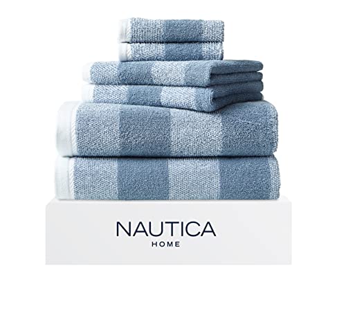 Image of Nautica - Bath Towel Set, Cotton Bath, Hand & Washcloths, Plush, Absorbent & Quick-Dry, Striped Americana Decor, Set of 6, Oak Lake Blue