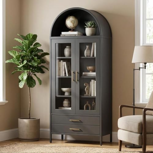 IDEAHOUSE 55" Tall Kitchen Pantry Cabinet, Arched Display with Glass Doors, 2 Drawers & Adjustable Shelves for Living, Dining Room, Black by IDEALHOUSE - Used condition - US$154.74