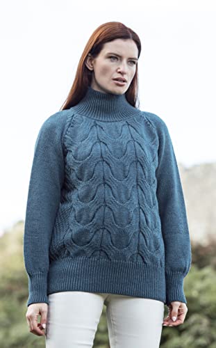 Image of Aran Crafts Irish Cable Knitted Chunky Sweater, 100% Super Soft Wool, Authentic & Traditional, Classic Fisherman Sweater-Style Knit, Made in Ireland, R5108-LG-TEAL