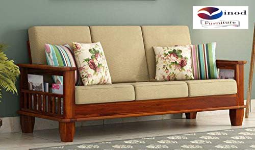 Image of Solid Sheesham Wood Sofa Set 3 Seater Home Living Room |Office Furniture Sofa Set | Without Pillow | Cream Cushions | Honey Finish