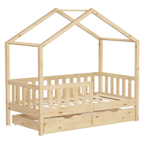 ML-Design Letto Casetta per Bambini 70x140 cm in Legno di Pino Naturale con Barriera, 2 Cassetti Contenitore e Rete a...