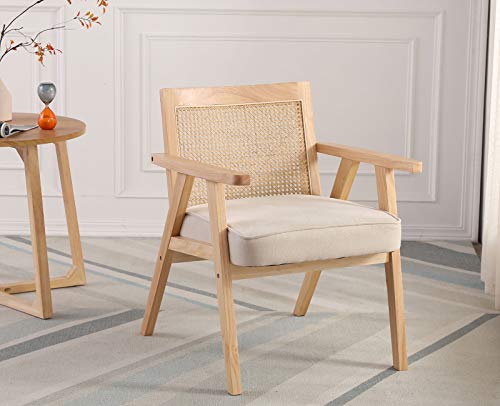 Zhenghao Mid Century Modern Accent Chair Upholstered Lounge Armchair With Mesh Back Retro Wooden Rattan Chair For Living Bedroom Office Reception (Light Beige) #TOP5