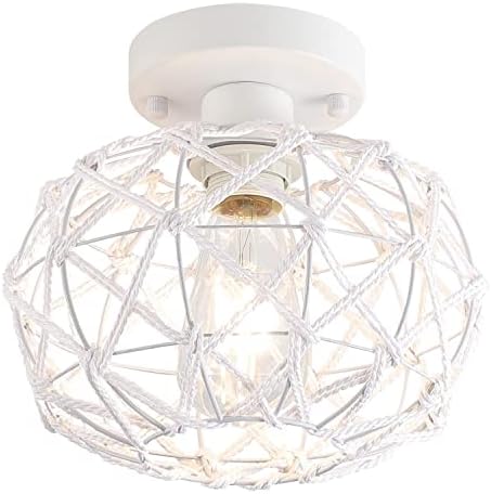 Nomita Modern White Woven Flush Mount Ceiling Light Fixture Rustic Hemp Rope Cage Basket Small Semi Flush Mount Ceiling Lighting for Hallway Kitchen Hall Entryway Farmhouse, White