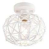 Nomita Modern White Woven Flush Mount Ceiling Light Fixture Rustic Hemp Rope Cage Basket Small Semi