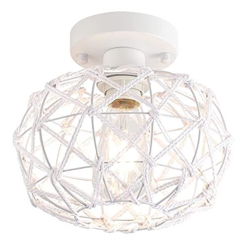 Nomita Modern White Woven Flush Mount Ceiling Light Fixture Rustic Hemp Rope Cage Basket Small Semi Flush Mount Ceiling Lighting For Hallway Kitchen Hall Entryway Farmhouse, White #TOP3