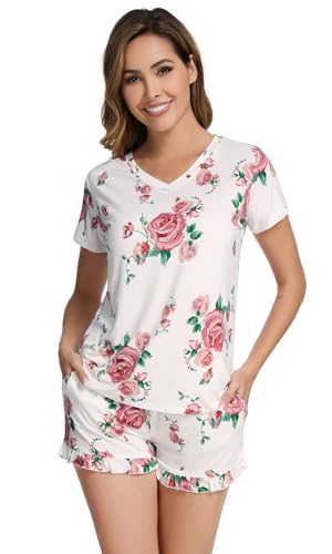 Image of WiWi Womens Pajamas Set Bamboo Viscose Super Soft Short Sleeve Top Ruffle Shorts Sleepwear Cooling Pj Sets S-XXL