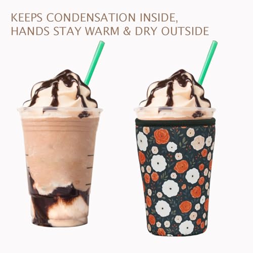 Image of Reusable Insulated Neoprene Iced Coffee Cup Sleeve, Durable Drink Sleeve for Cold Beverages, Beverage Holder for Iced Coffee, Midnight Blooms