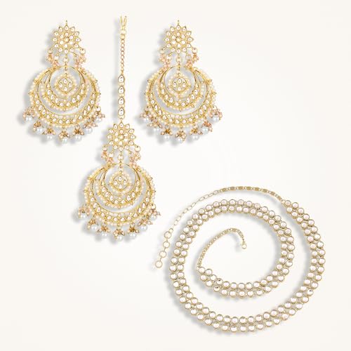 Image of Peora Traditional Jewellery Rhodium Kundan & Pearl Maang Tikka Earring Set for Women Girls